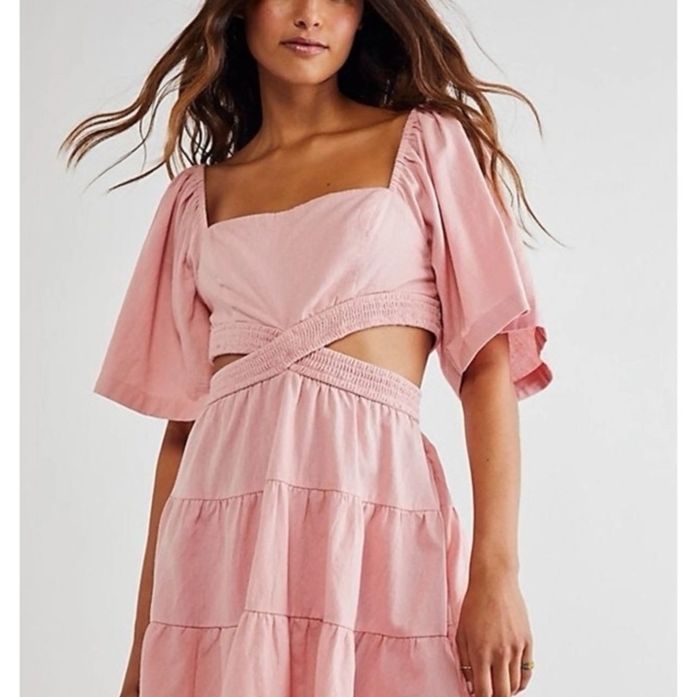 Free People Cross Of Sunlight Puff Sleeves,Cutout Waist Mini Dress XL